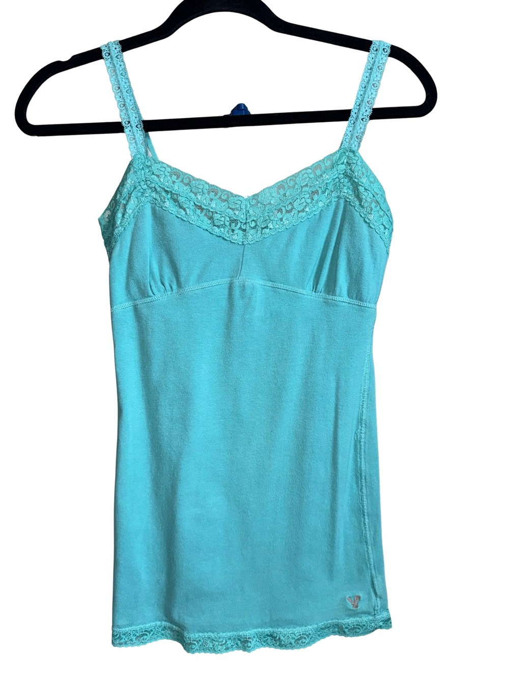 Y2K American Eagle Teal Lace Trim Camisole Built in Bra Cotton Blend M